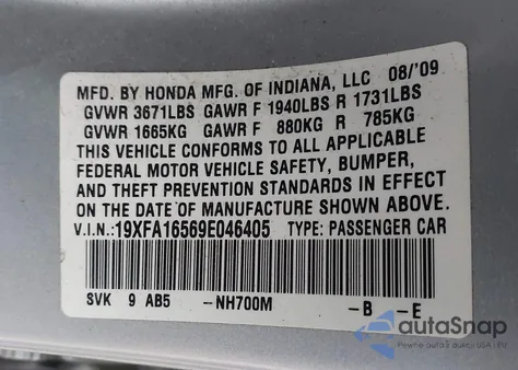 2009 Honda Civic Lx z USA, uszkodzony, nr VIN 19XFA16569E046405